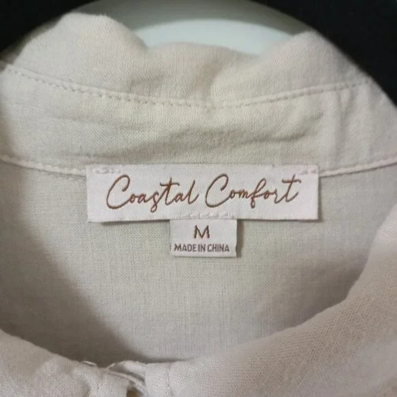 Coastal Comfort Shirt Dress Linen Blend Button-Up With Pockets Size M Beige - Picture 3 of 11